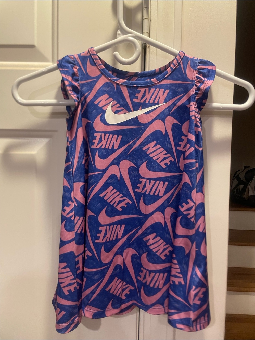 Nike toddler girls Dri-Fit athletic dress with blue and pink all over swoosh
